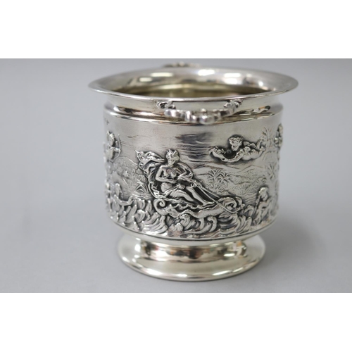 21 - Antique Sterling silver twin handled bowl of cylinder form, repousse decoration in relief marked for... 