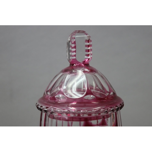 25 - Fine ruby flashed and cut crystal lidded vase with central engraved cartouche, VUN 1823, approx 33cm... 
