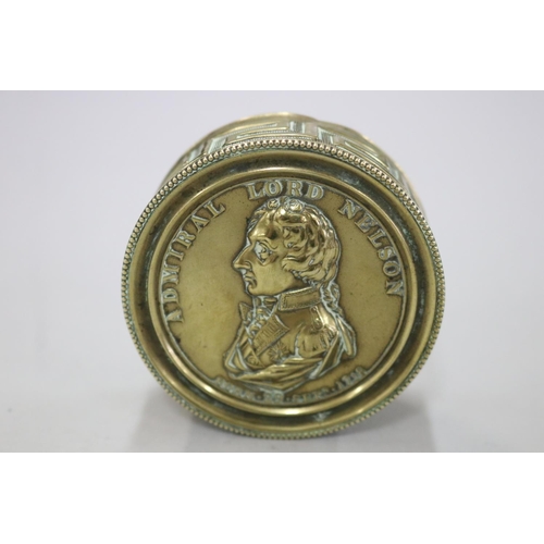 250 - Antique Georgian Admiral Lord Nelson, Born.29.SEPR.1758 brass tobacco tin, bottom has embossed Conqu... 