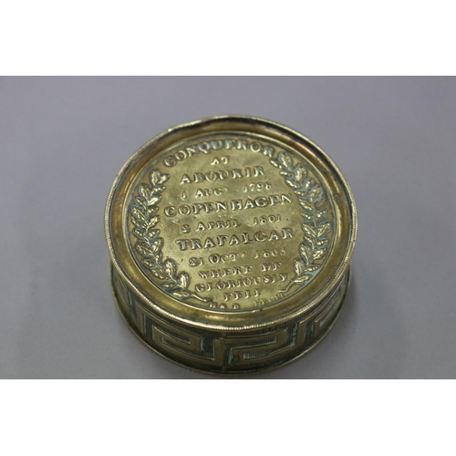 250 - Antique Georgian Admiral Lord Nelson, Born.29.SEPR.1758 brass tobacco tin, bottom has embossed Conqu... 