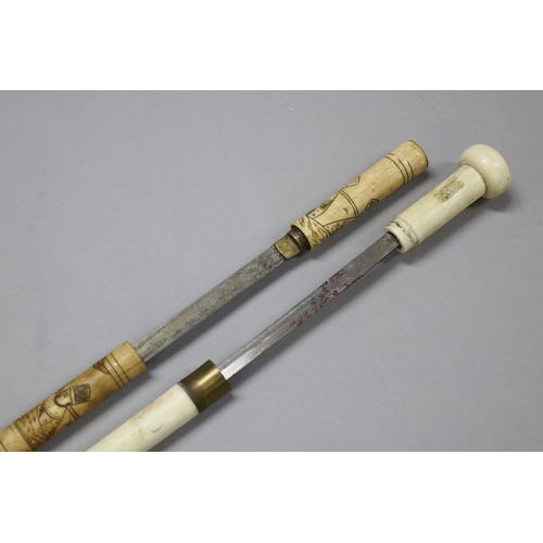 254 - Two Chinese incised sectional bone sword sticks, prohibited Weapons Licence required NSW, approx 83.... 
