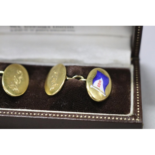 268 - Pair of Paul Longmire gold and enamel cufflinks, show SSM in a blue and white flag and the other cuf... 