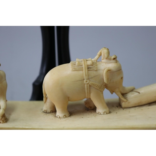 28 - Antique carved ivory tusk section, showing working elephants hauling logs, approx 30cm L