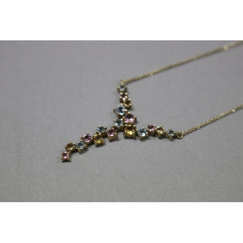 284 - 9ct gold Pink sapphire, blue topaz and citrine necklace