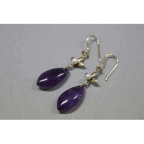 288 - Amethyst and pearl drop earrings set in 9ct gold