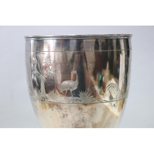 3 - Large antique Victorian sterling silver cup/vase, engraved with a band of Australian fauna and flora... 