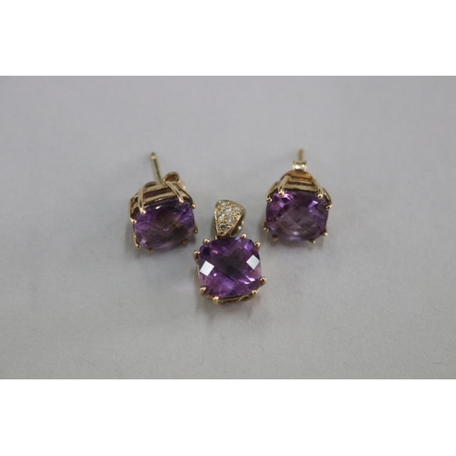 316 - 9ct gold and amethyst earrings and matching pendant