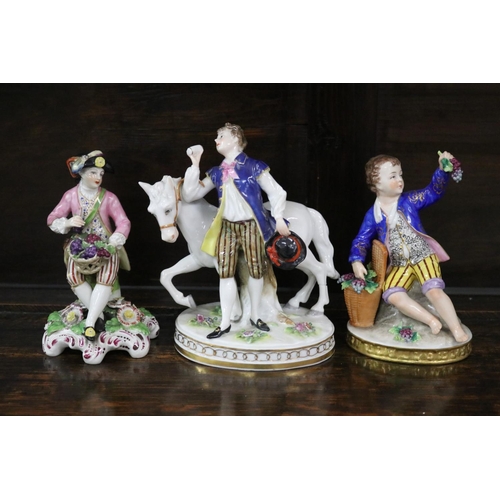 36 - Three good quality porcelain figures - boy with grapes by Naples, young man with horse - Dresden, Yo... 