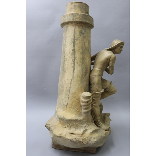 4 - Large Goldscheider painted terracotta vase mounted with a figure of a fisherman, stamped and impress... 