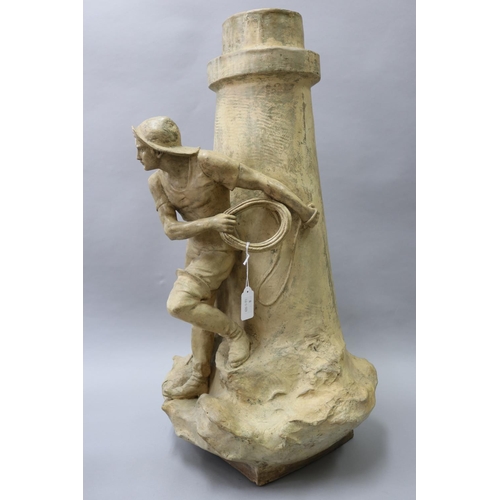 4 - Large Goldscheider painted terracotta vase mounted with a figure of a fisherman, stamped and impress... 