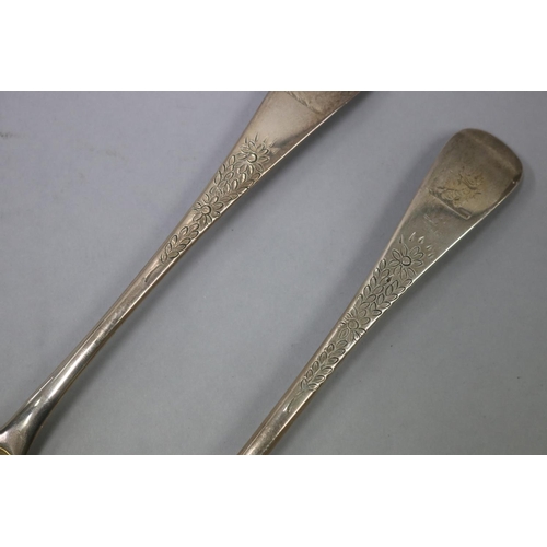 44 - Pair of antique sterling silver Georgian old English pattern spoons, later worked into berry spoons,... 