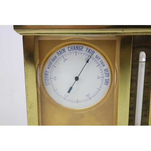 52 - Antique French combination carriage clock, barometer, thermometer, long brass bale carry handle, clo... 
