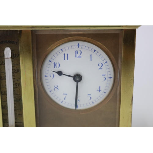 52 - Antique French combination carriage clock, barometer, thermometer, long brass bale carry handle, clo... 