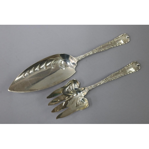 53 - Antique American Tiffany and Co sterling silver fish knife and fork, approx 295 grams (2)