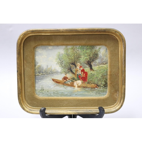 54 - Unknown, antique, boat with figures, oil on panel, label verso, approx 12cm x 17cm