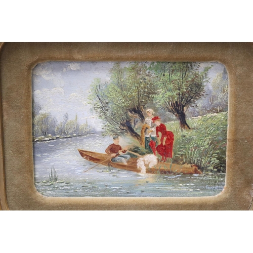 54 - Unknown, antique, boat with figures, oil on panel, label verso, approx 12cm x 17cm