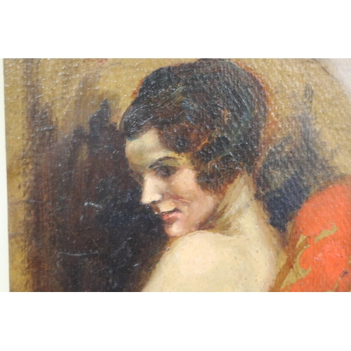 64 - After Norman Lindsay, double sided study of a female, oil on canvas card, pencil inscription verso '... 