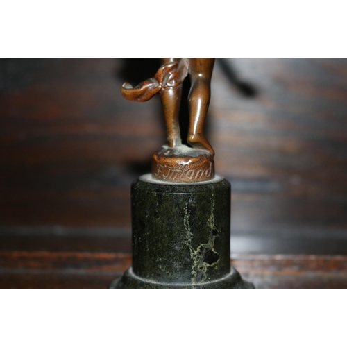 73 - Small antique bronze of a semi clad young boy holding a book - signed to back, chipped at base, appr... 