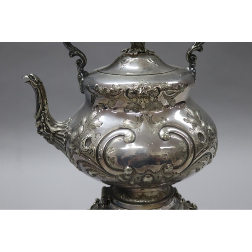 74 - Antique elaborate silver plated spirit kettle on burner stand, approx 40cm H