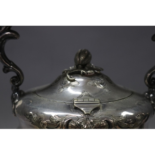 74 - Antique elaborate silver plated spirit kettle on burner stand, approx 40cm H