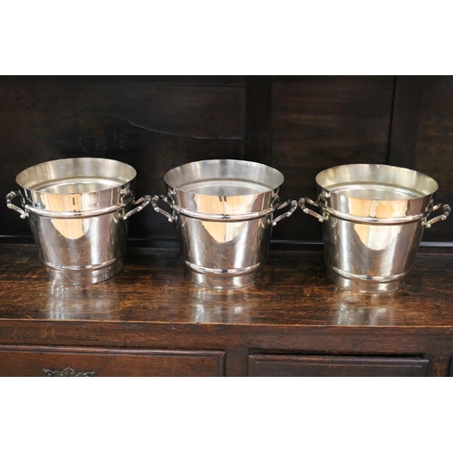81 - Three hard soldered silver plate two handled champagne buckets, each approx 20cm H (3)