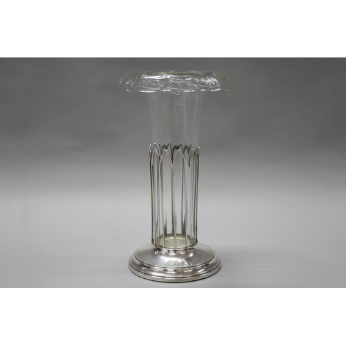 83 - Antique sterling silver based roll over rim, sleeve vase, rim decorated with flower heads and foliag... 