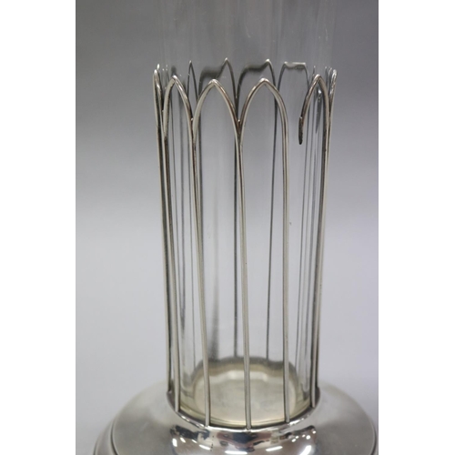 83 - Antique sterling silver based roll over rim, sleeve vase, rim decorated with flower heads and foliag... 