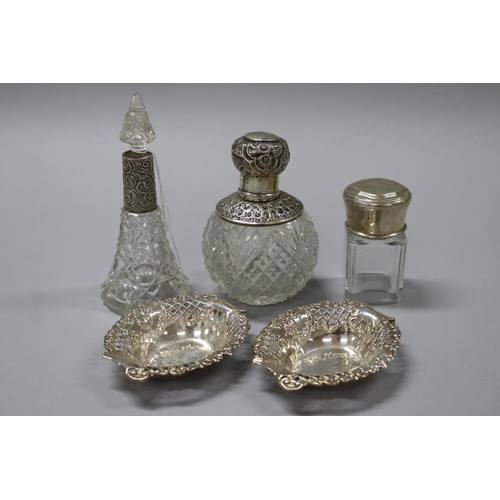 87 - Selection of sterling silver to include Sterling mounted base form cut crystal perfume bottle and an... 