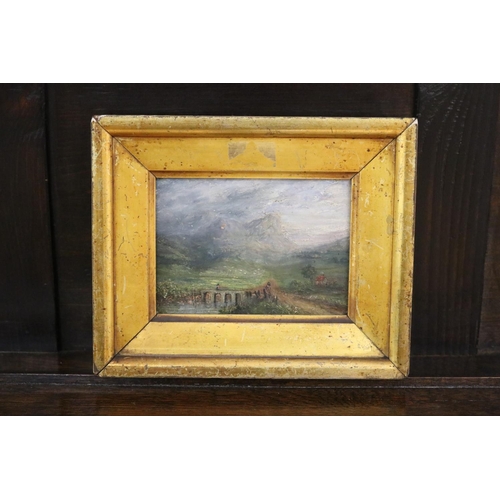 94 - Unknown, antique oil on panel, bridge and mountainous landscape, approx 8.5cm x 12cm
