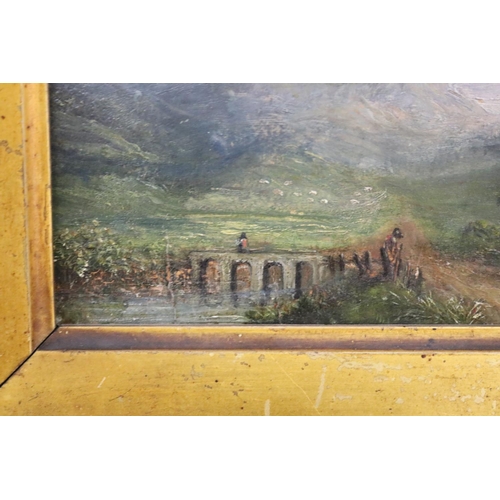 94 - Unknown, antique oil on panel, bridge and mountainous landscape, approx 8.5cm x 12cm