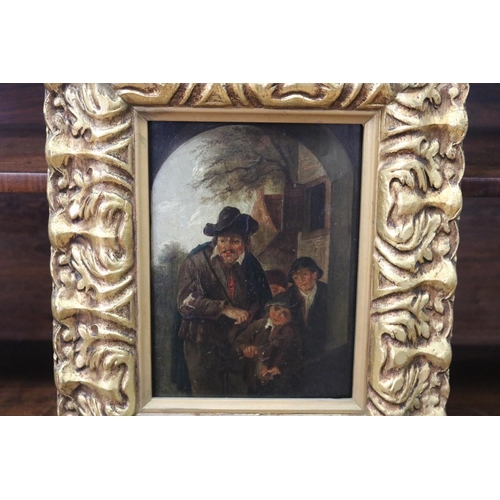 96 - Antique late 18th century, oil on panel, the wandering Musicians, approx 20cm x 14.5cm