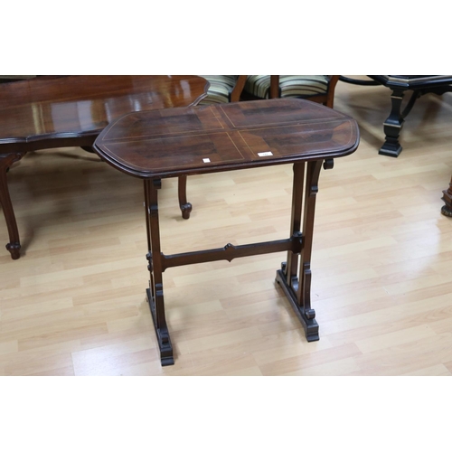147 - Antique inlaid four section topped side table, trestle type ends, with central stretcher, note top i... 
