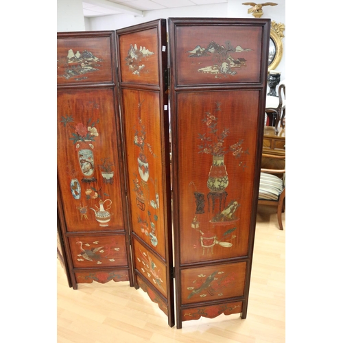 149 - Good Chinese four fold floor screen with incised painted decoration, approx 184cm cm H x 200cm L