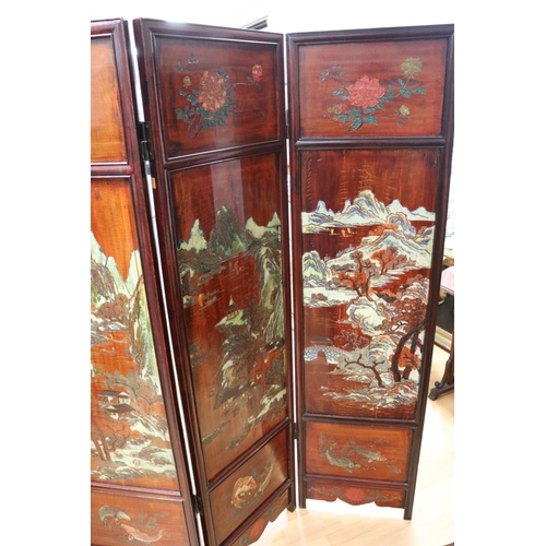 149 - Good Chinese four fold floor screen with incised painted decoration, approx 184cm cm H x 200cm L