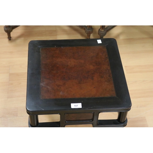 187 - Good Chinese hardwood inset burr wood topped stool, approx 44cm H x 39cm Sq