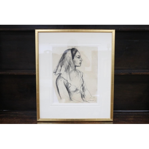 205 - Jean Bellette, Girl with Veil, Ex Holdsworth Galleries, label verso, charcoal on paper, signed lower... 