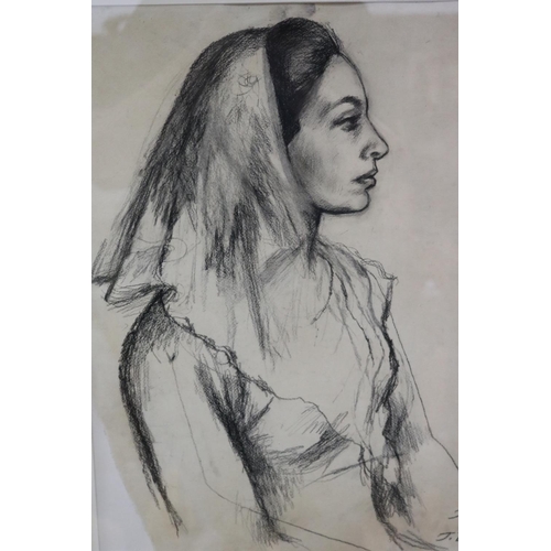 205 - Jean Bellette, Girl with Veil, Ex Holdsworth Galleries, label verso, charcoal on paper, signed lower... 