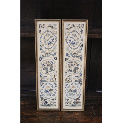 217 - Pair of antique Chinese silk hand worked panels, each approx 46.5cm x 10.5cm (2)