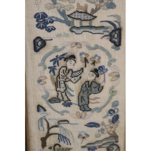 217 - Pair of antique Chinese silk hand worked panels, each approx 46.5cm x 10.5cm (2)