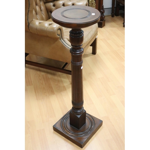 221 - Antique turned pine and oak pedestal, ring turned with square base, approx 100cm H