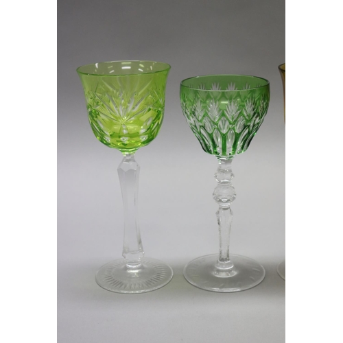 227 - Assorted coloured flashed crystal wine glass, approx 21cm H and shorter (6)