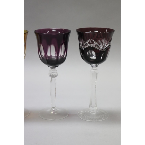 227 - Assorted coloured flashed crystal wine glass, approx 21cm H and shorter (6)