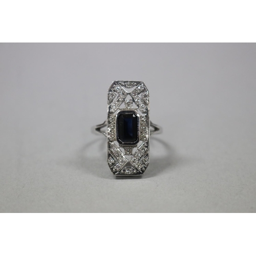 297 - Art Deco style dress ring natural blue sapphire and diamond set in 18ct white gold, as per valuation