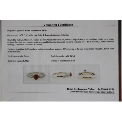 299 - Diamond and ruby dress ring set in white gold, as per valuation