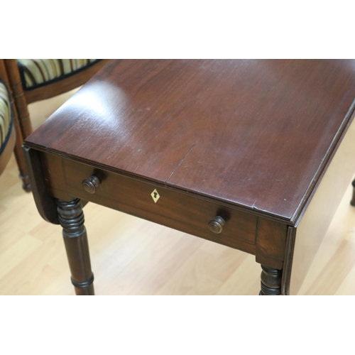 43 - Antique early 19th century mahogany pembroke table, multi ring turned legs, approx 67cm H x 90cm W x... 