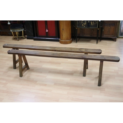 470 - Pair of antique French cherrywood long benches, each with trestle support ends, each approx 48cm H x... 