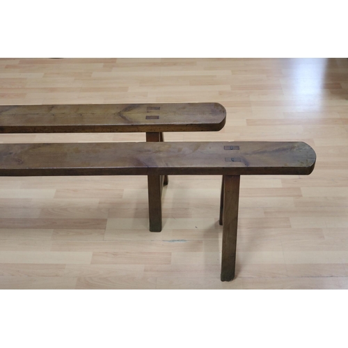 470 - Pair of antique French cherrywood long benches, each with trestle support ends, each approx 48cm H x... 