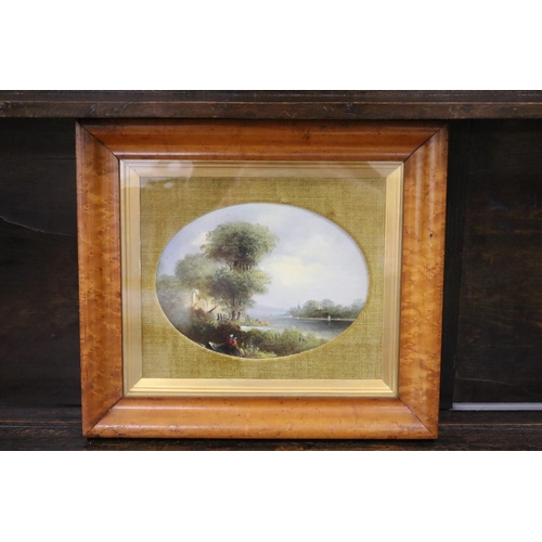 68 - Unknown, oval river landscape with figure and distant Church spire, framed in antique Birdseye maple... 