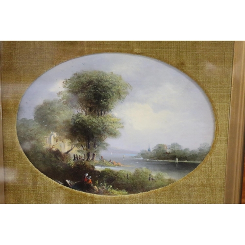 68 - Unknown, oval river landscape with figure and distant Church spire, framed in antique Birdseye maple... 