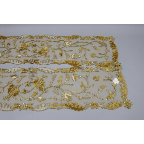3 - Pair of Italian velvet applique and embroidered runner, of gold leaf and flower design, Venice, each... 
